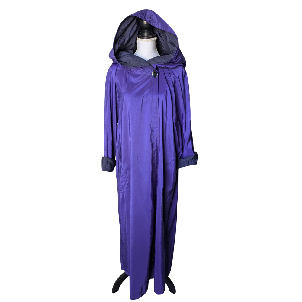 Mycra Pac Purple Black Reversible Long Rain Coat Accordion Hood Size M/L Button